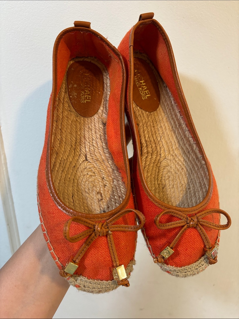 Michael Kors Orange Canvas Espadrille Ballet Flats with Leather Trim